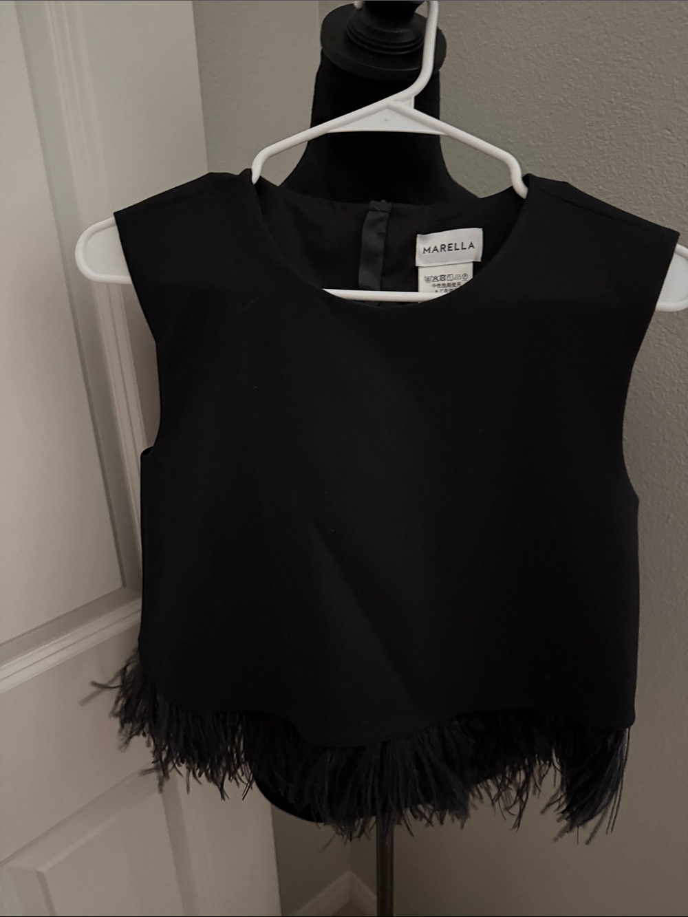 MARELLA Black Feather-Trim Crop Top